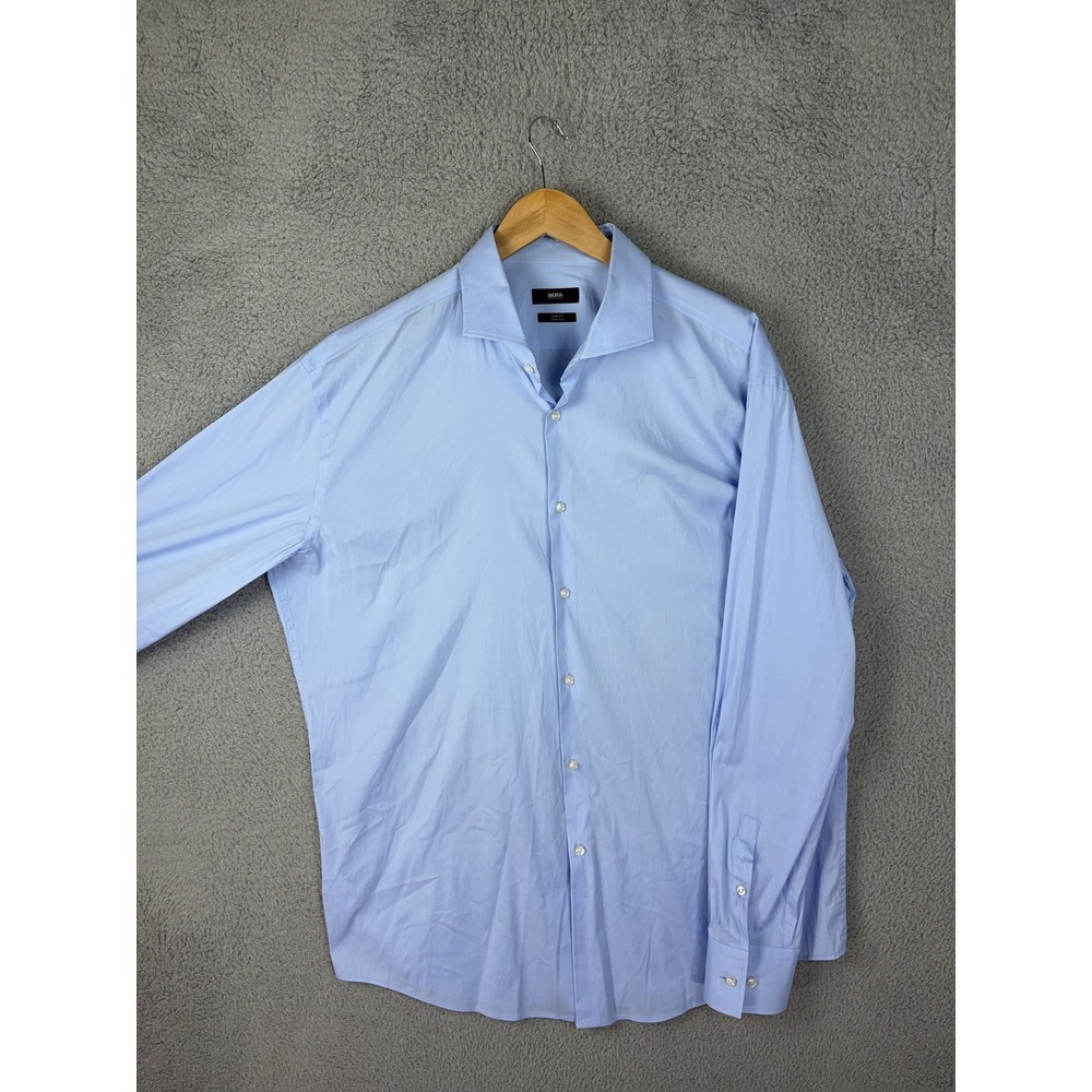 Hugo Boss Shirt Mens 18 Blue Solid Slim Fit Stretch Dress Long Sleeve Cotton Men
